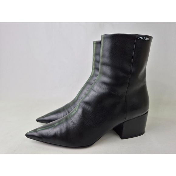 Prada Women's Black Nero Leather Pointy Toe Booties Size 38.5 - Picture 2 of 8
